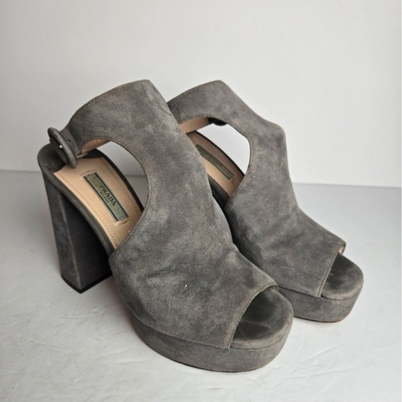 Prada Women's 6.5 Gray Suede Slingback Leather Chunky Heel Platform Sandal Heels